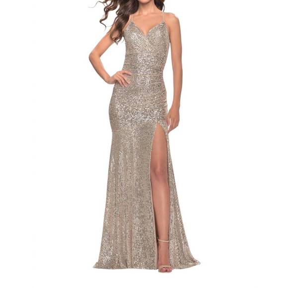 NEW LA FEMME dramatic sequin prom dress in silver